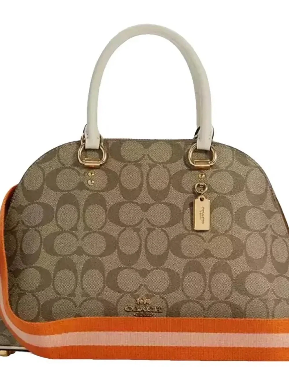 Coach Brown Signature Katy Dome Satchel with Orange Striped Strap
